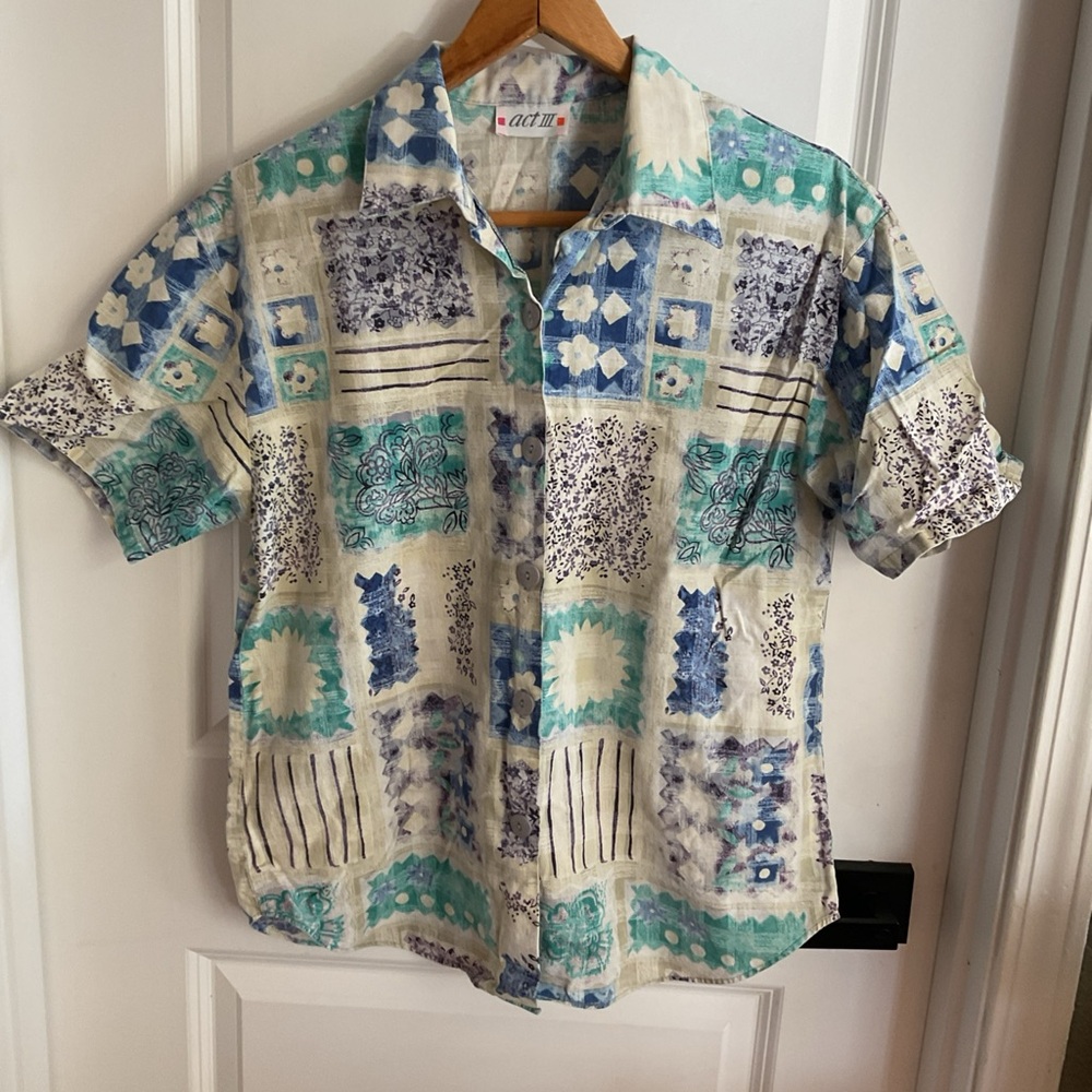 Act 3 - Button Down Shoulder Pads Short Sleeve Blouse - Multicolor - Ladies Sz L